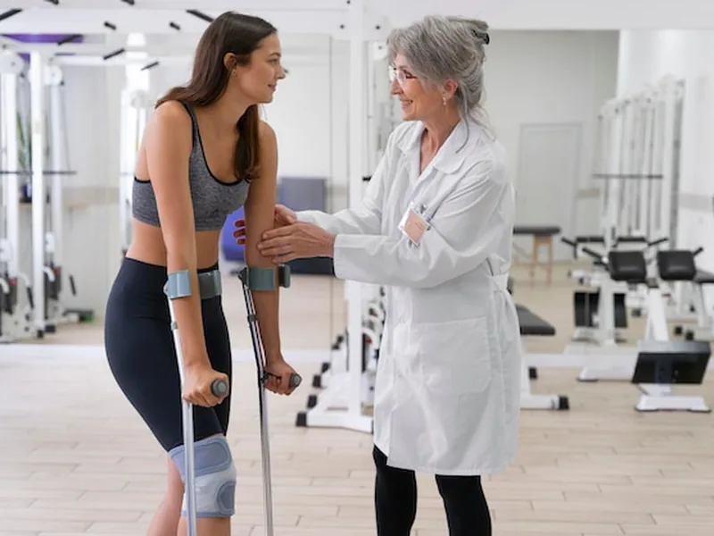 A clinician talking with a patient walking on crutches in a rehab gym