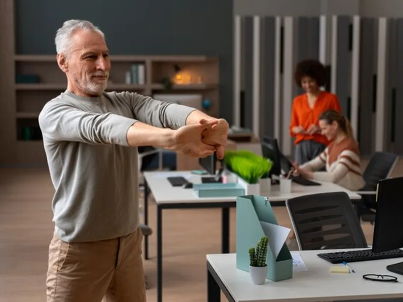 A man standing at his desk working through a shoulder and arm strengthening exercise
