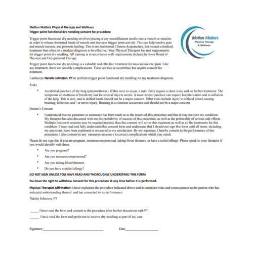 Trigger point consent form for physical therapy procedure, featuring Motion Matters branding and client consent details.