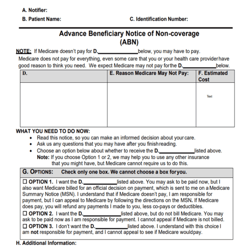 Advance Beneficiary Notice of Non-coverage (ABN) form related to Medicare payment responsibilities and options for physical therapy services.