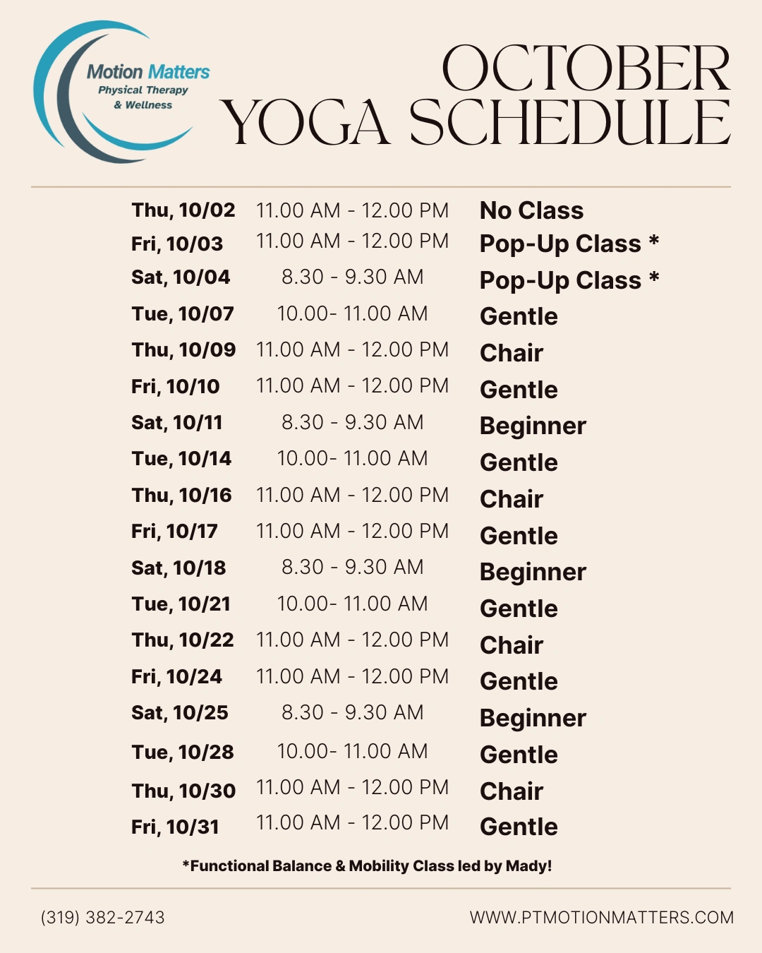 October Yoga Schedule